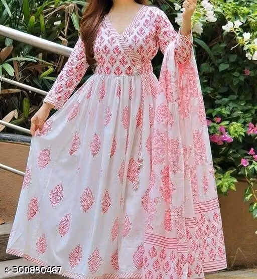 Women's Pink Rayon Printed Anarkali Kurti and Dupatta Set (Angrakha Style)